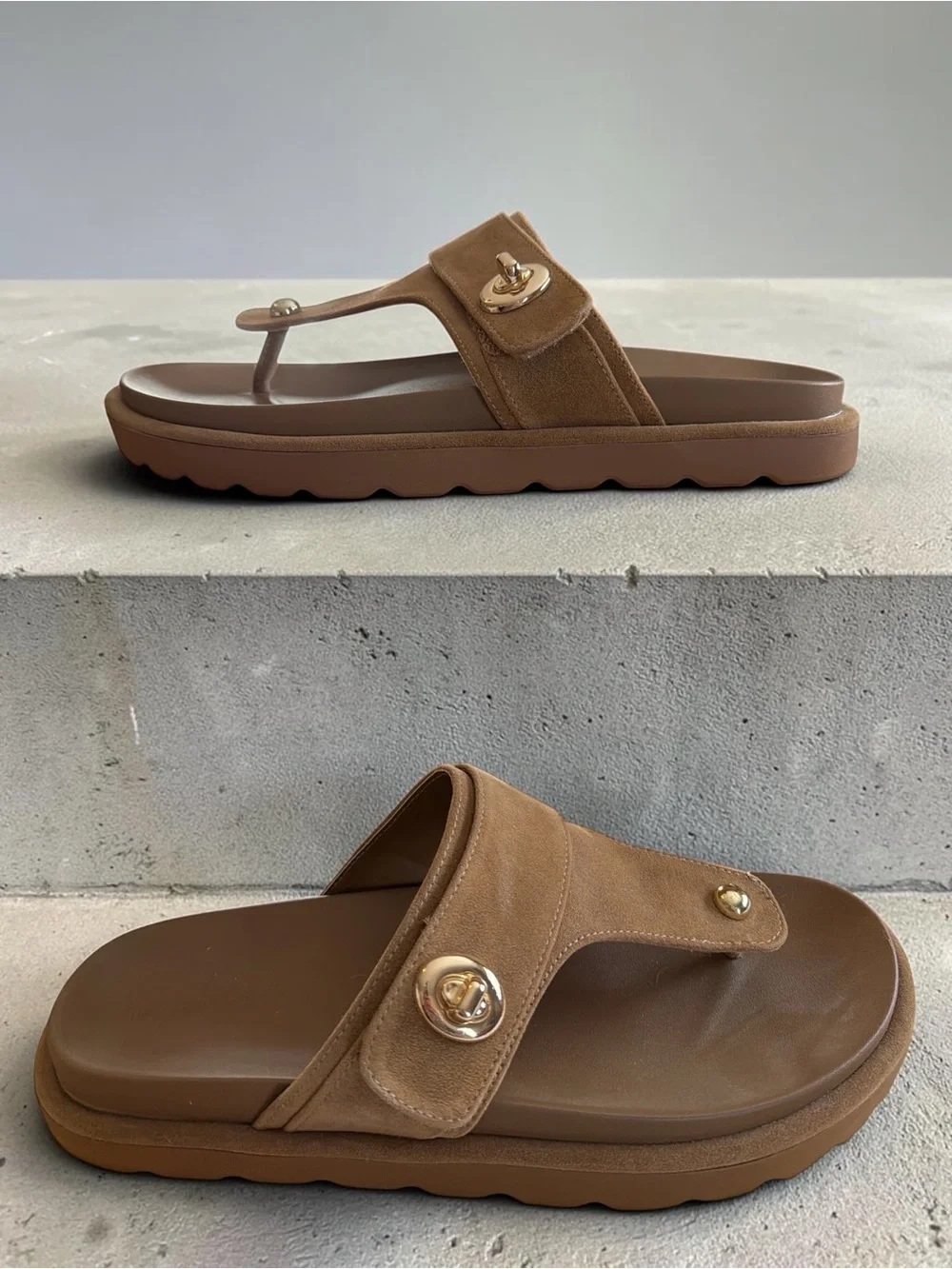 Universal Thread Brown Suede Thong Slide Sandals Gold Hardware Size 9